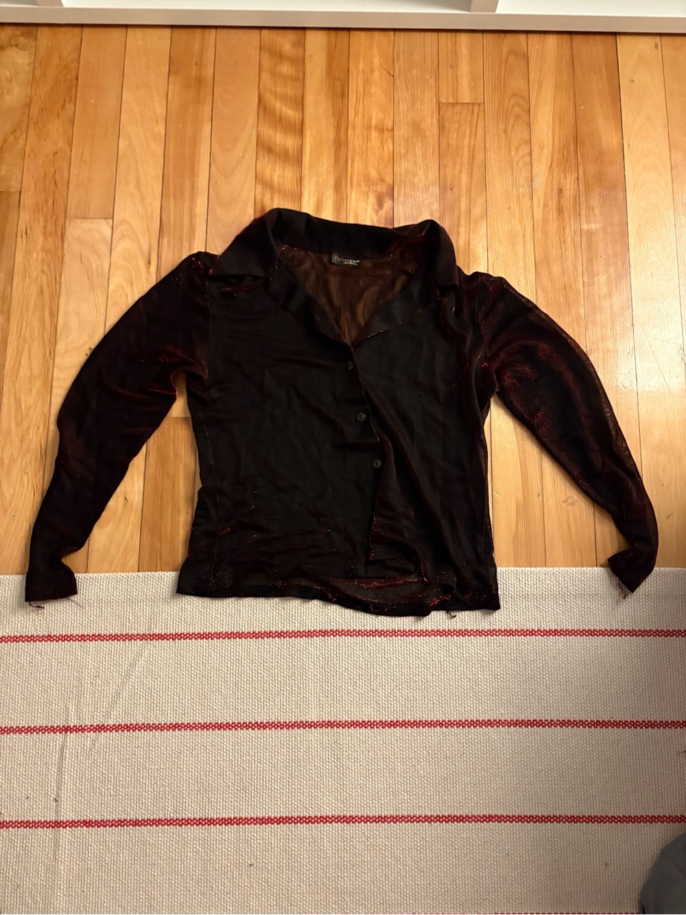 Black Sheer Button-Down Top with Red Metallic Accents